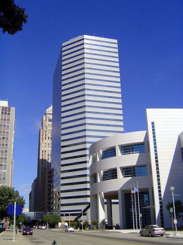 The blander-than-bland First Oklahoma Tower of 1982, which was owned by TIAA of New York until sold to Dorchester Capital of Oklahoma City a