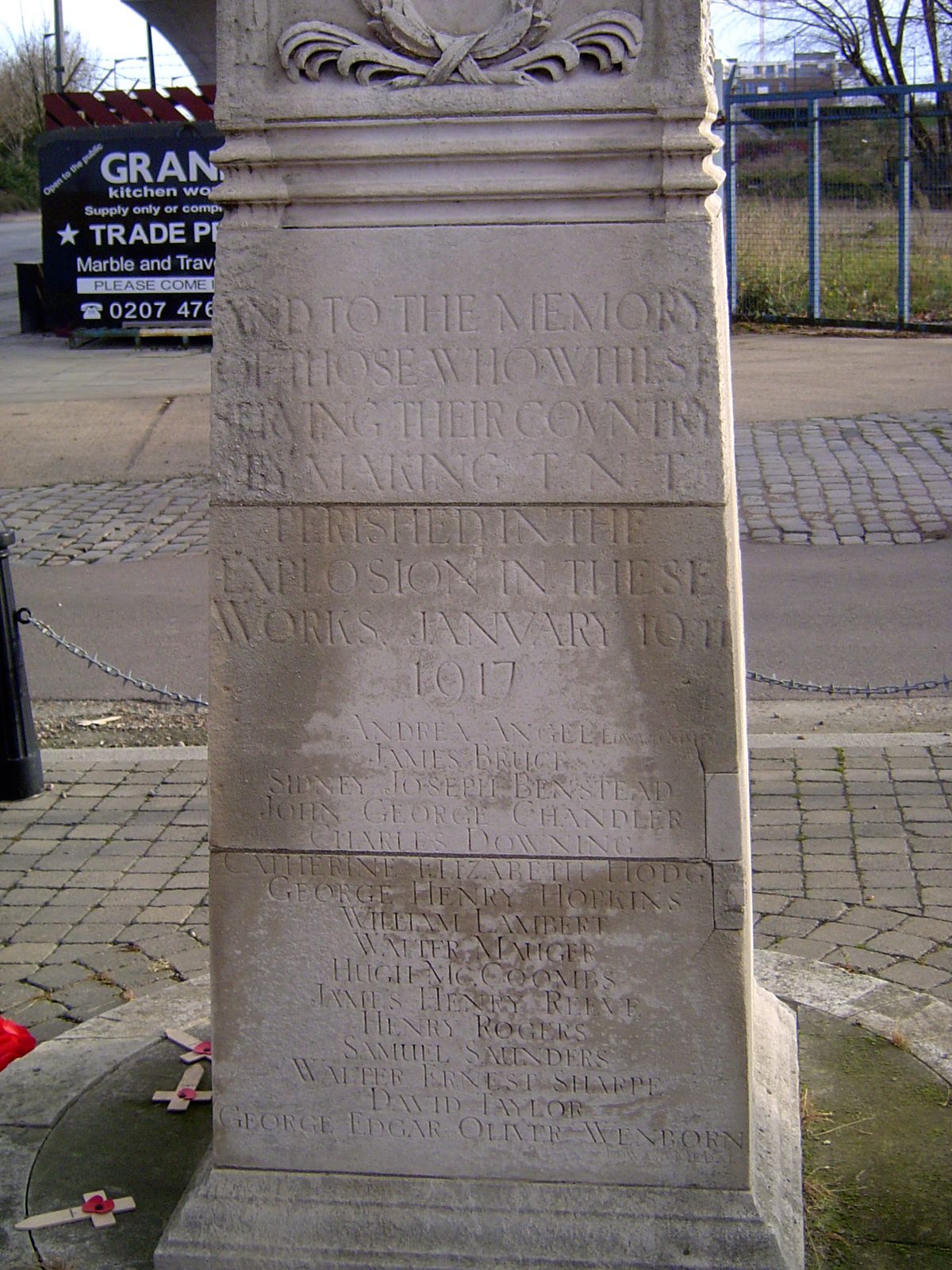 And to the memory of those who while serving their country by making T.N.T. perished in the explosion in these works. January 10th, 1917. Fi