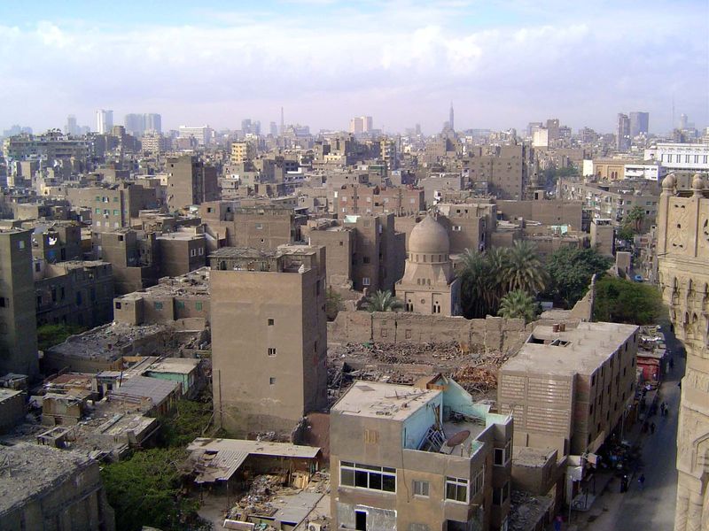 Looking west, with the high rises of modern Cairo at the horizon and along the Nile.