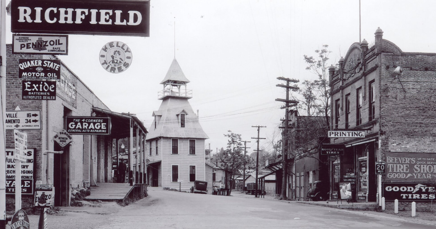 Here's that pyramidal building again.  It's an old fire station.  You're looking at the road over the Sierras before U.S. 40 had four lanes.