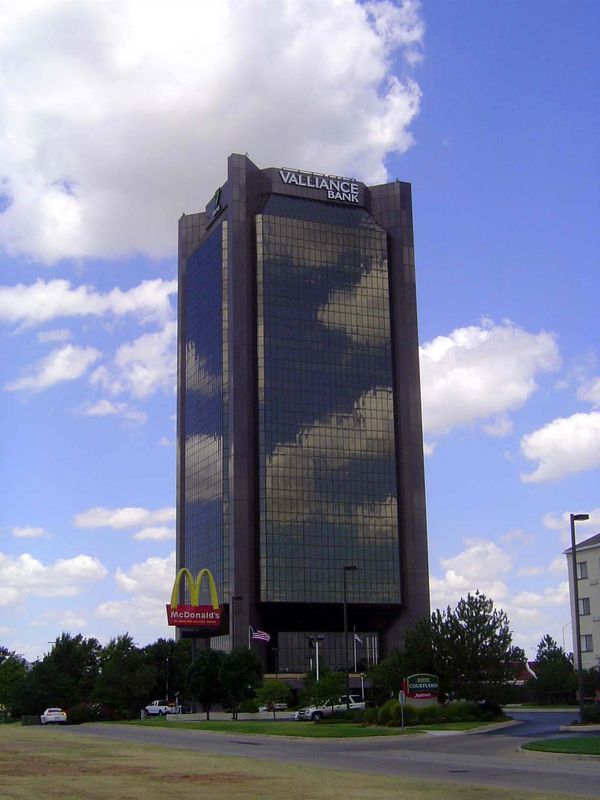 The stuff of legend, this is the former Penn Square Bank Tower, completed in 1984 at 1601 Northwest Expressway. This was the bank whose fail