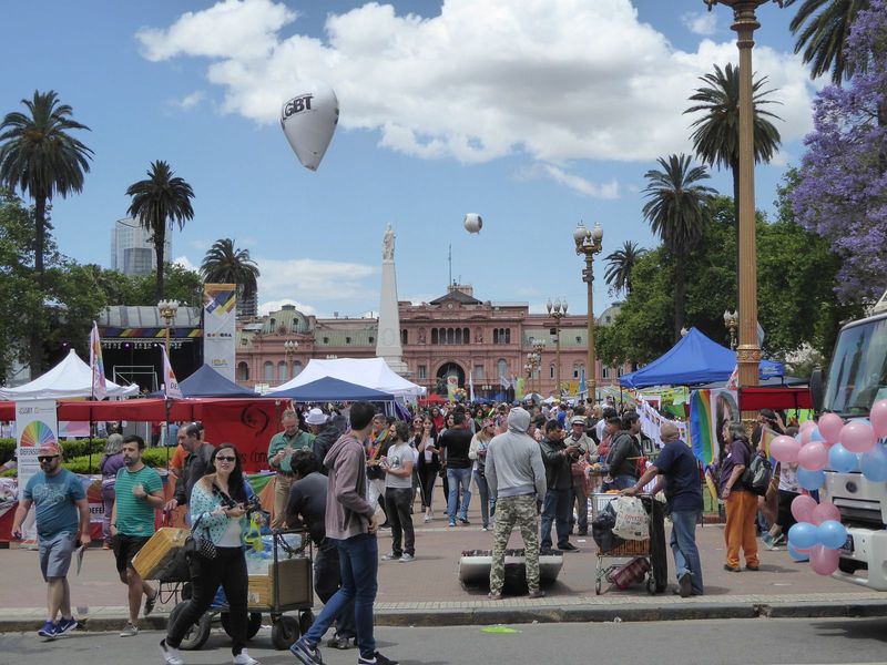Late in 2017, people gather at the Plaza de Mayo to celebrate the LGBT community. In the middle stands the Pyramid de Mayo, created in 1811 