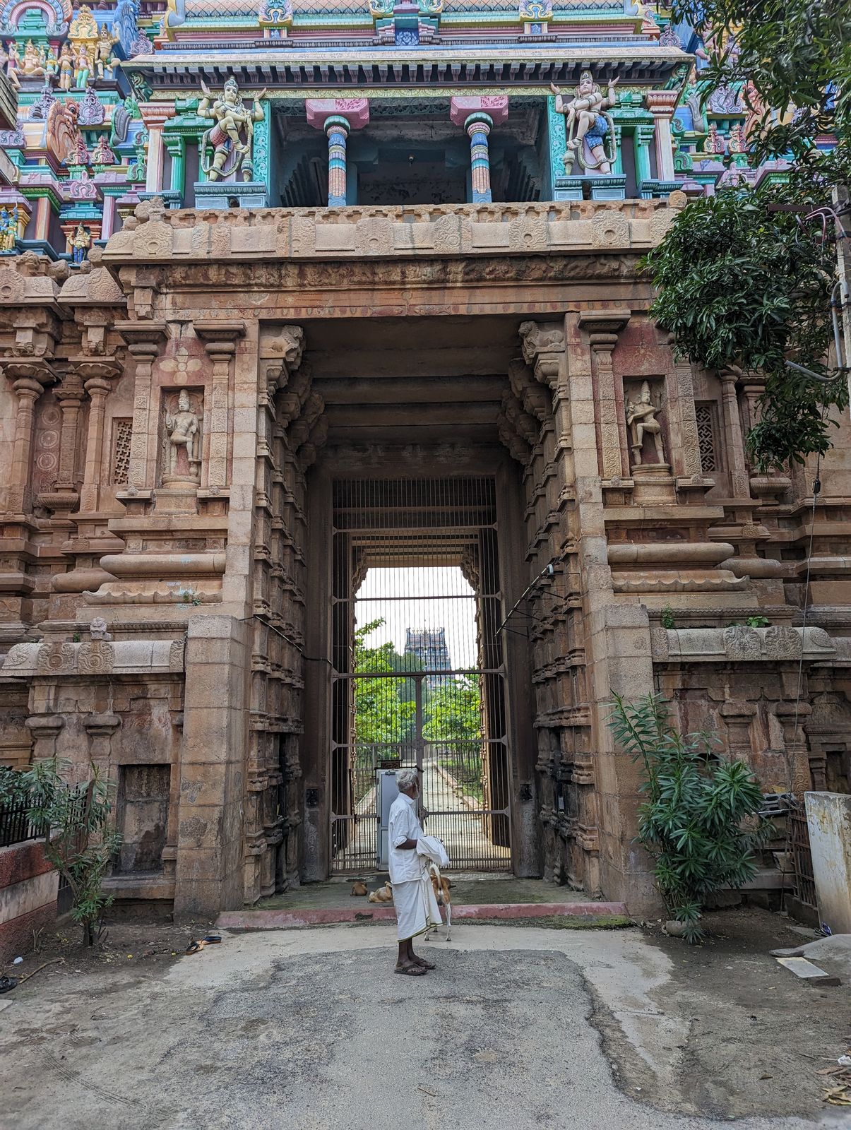 Wooden flap gates are long gone from the east gopuram, now barred.