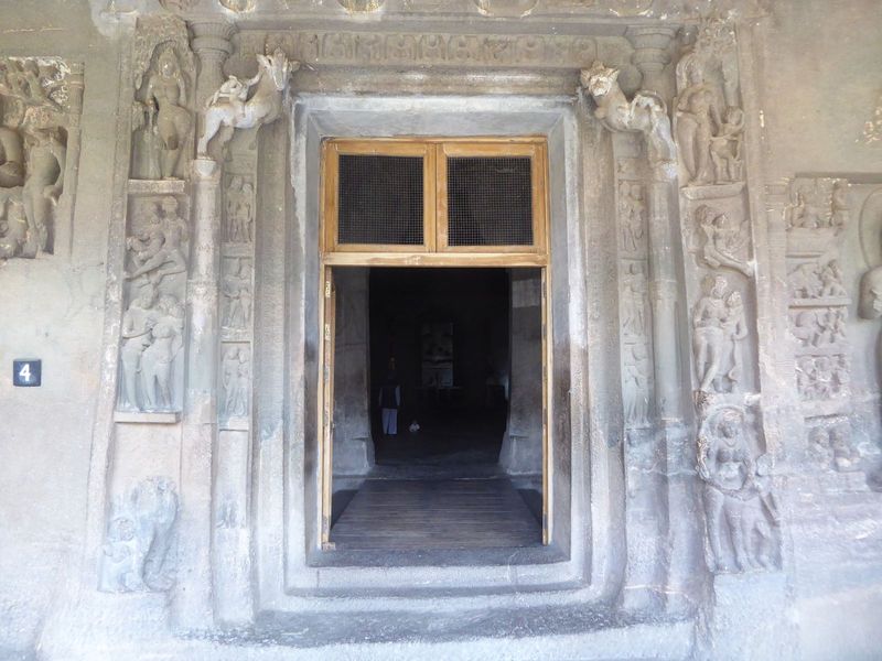 The pattern establised in Cave 16 was repeated in all the late caves, including Cave 4, the biggest of the viharas. Note the tree goddess at
