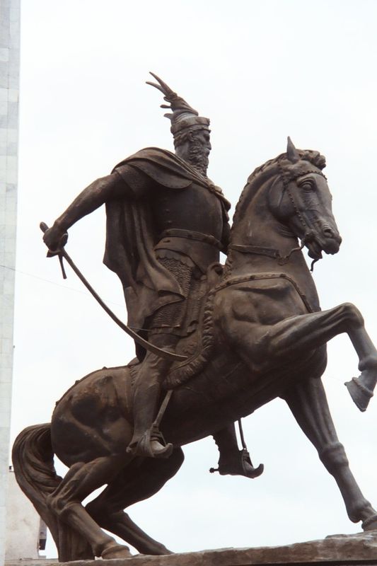 The Albanian Ur-hero, Skenderbeg 1405-68. His image is everywhere as an icon of Albanian independence. Still, there are ironies here: his na