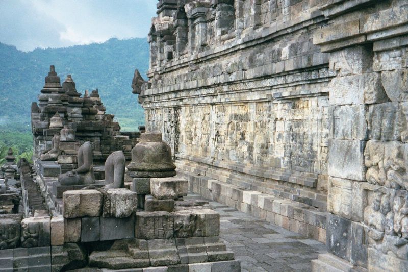The walkway around one of the square terraces. Both sides of the walkway on all four levels are covered with reliefs. All together, there ar