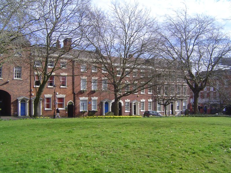 The church sits in a large square given by Charles Colmore, who owned the surrounding property and hoped to profit from the church's presenc