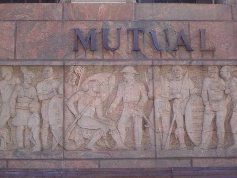Close-up of the frieze, extending almost 400 feet. This section shows the British negotiation with Shaka in 1824.