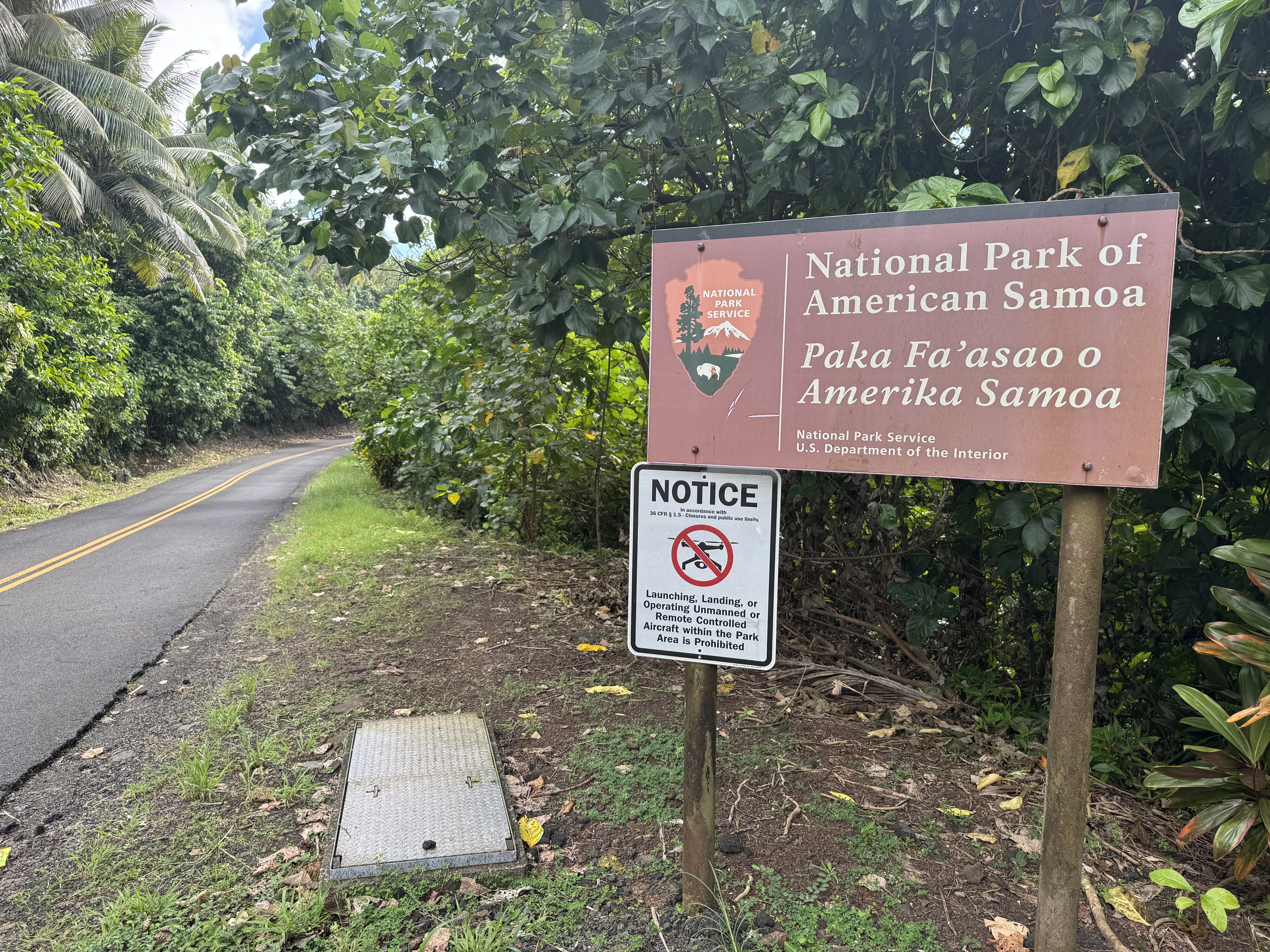 The map a while back showed a second approach to the park, the one from Pago Pago itself.  Here we're at the summit on that road.