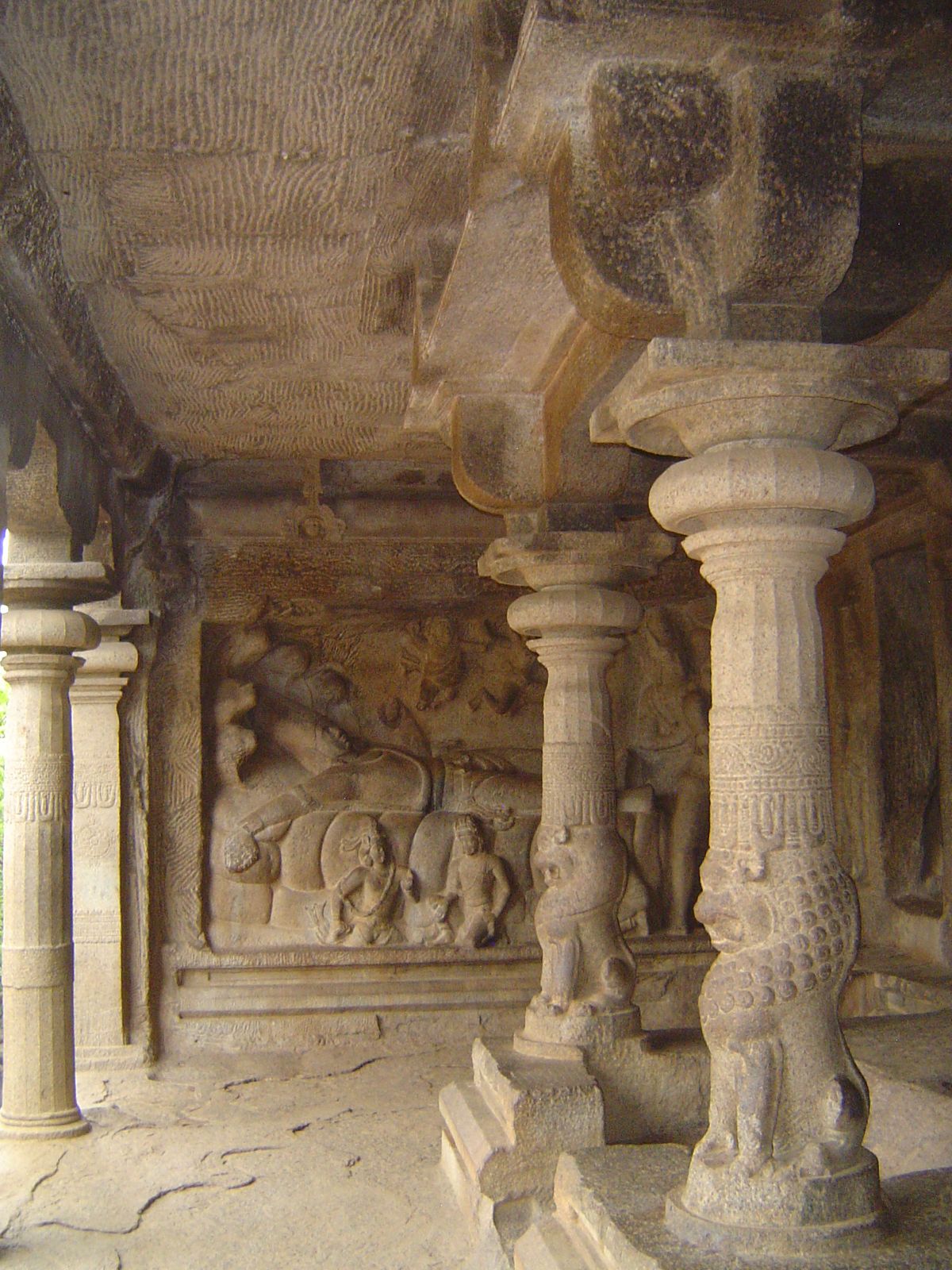 Here's the view from within that porch. The lion capitals are a standard device. In the background, a panel shows Vishnu in the trance durin