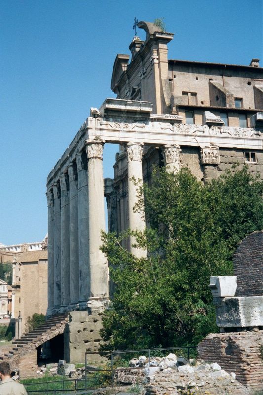 Next to the west, the Temple of Antoninus and Faustina, dedicated to Antoninus Pius and his wife. St. Lawrence was tried here before being b