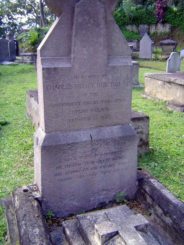 Charles Newton 1824-1867 was employed in the building of the Ceylon Railway and was stationed at Kadugannuwa, at the top of the long climb f