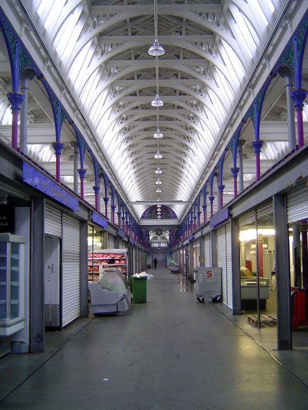 And this? It's an afternoon view of the city's wholesale meat market, the mornings-only Smithfield Central Market, opened in 1883 and design