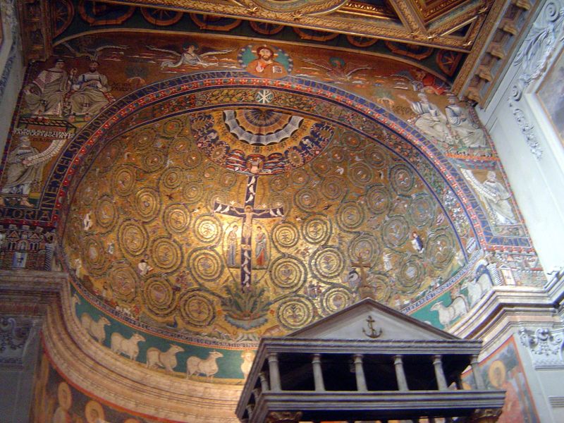 The apse has this unusual mosiac. What's unusual? Not Jerusalem and Bethlehem, which appear at the bottom of the flat outer face. Not the pr