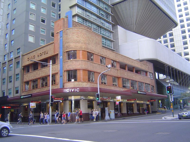 Moderne had already come and gone, in this case with the modest Civic Hotel, built in 1940 for a brewer and pub operator, Tooth and Co. Long