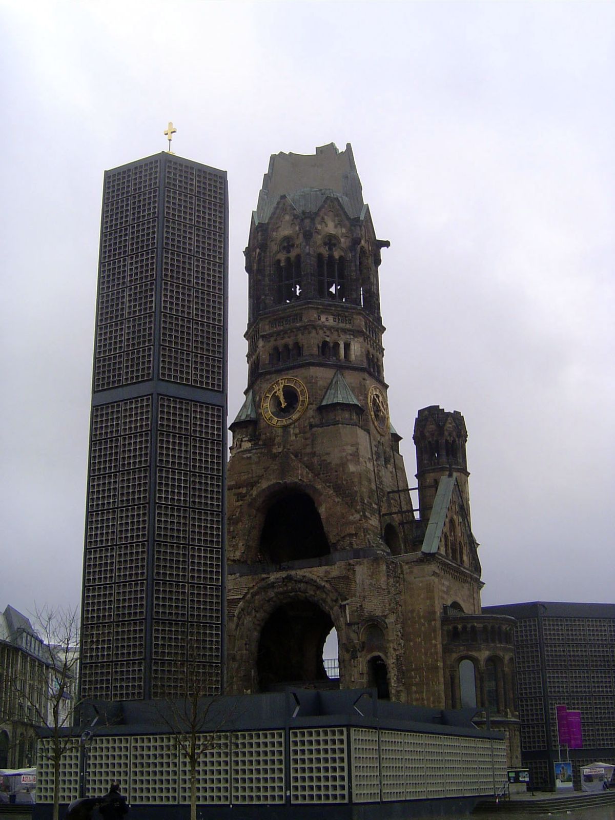 The entrance tower of the Kaiser Wilhelm Memorial Church, or Kaiser-Wilhelm-Gedachtniskirche, built in the 1890s. It has been left as it was