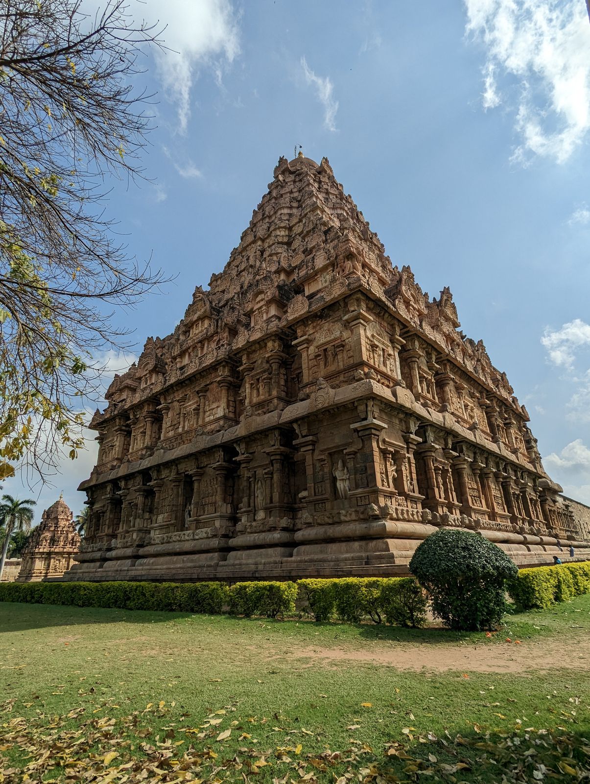 The vimana from behind.  Others have noted the slightly concave profile, unlike the Big Temple at Tanjore.  Why concave?  No idea.