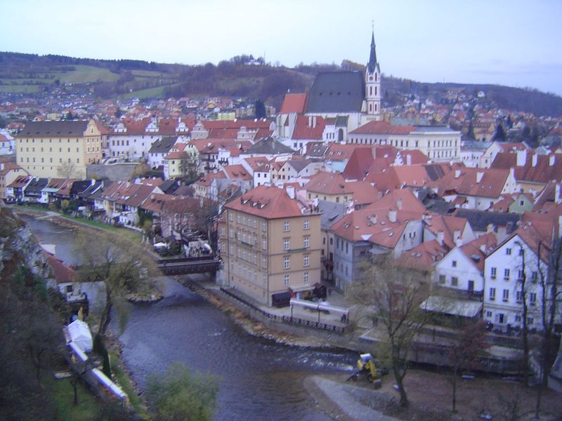 Here's the mill race seen from the castle, with the Lazebnicky Bridge and downstream from it the flood-prone district called Parkan.