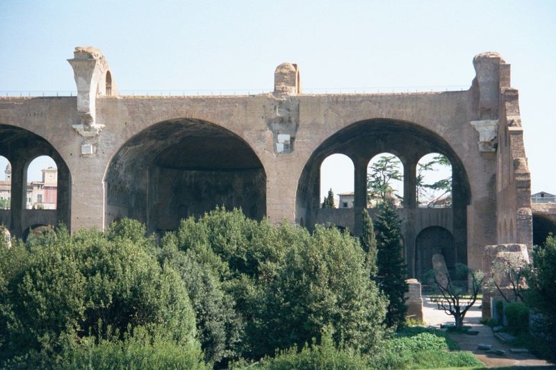 On the north side of the Roman Forum and just west of the Arch of Titus, this is the north aisle of the Basilica of Constantine, begun by Ma