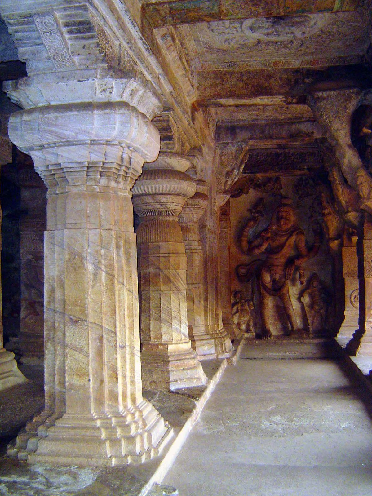 The columns are elaborately carved, more so than in any Indian cave temple except the Kailasa Cave at Ellora.