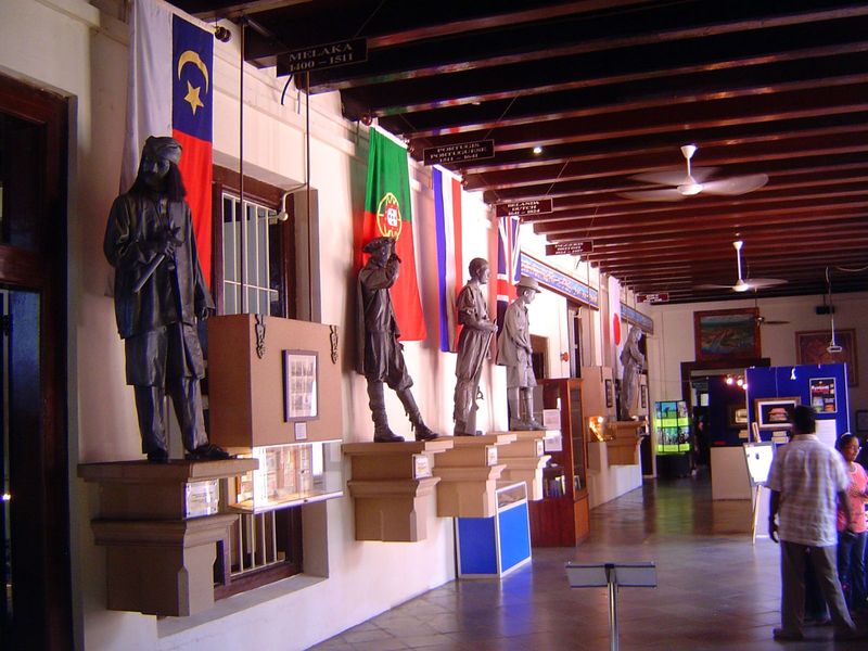One of the museum rooms shows Melaka's successive rulers: Malay, Portuguese, Dutch, British, and Japanese.
