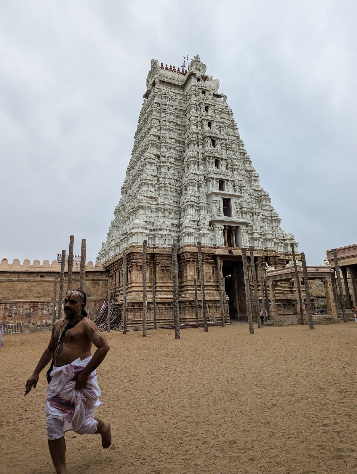 Here's that white gopuram. Wish I knew why this courtyard wasn't paved. And why the palms have been decapitated.