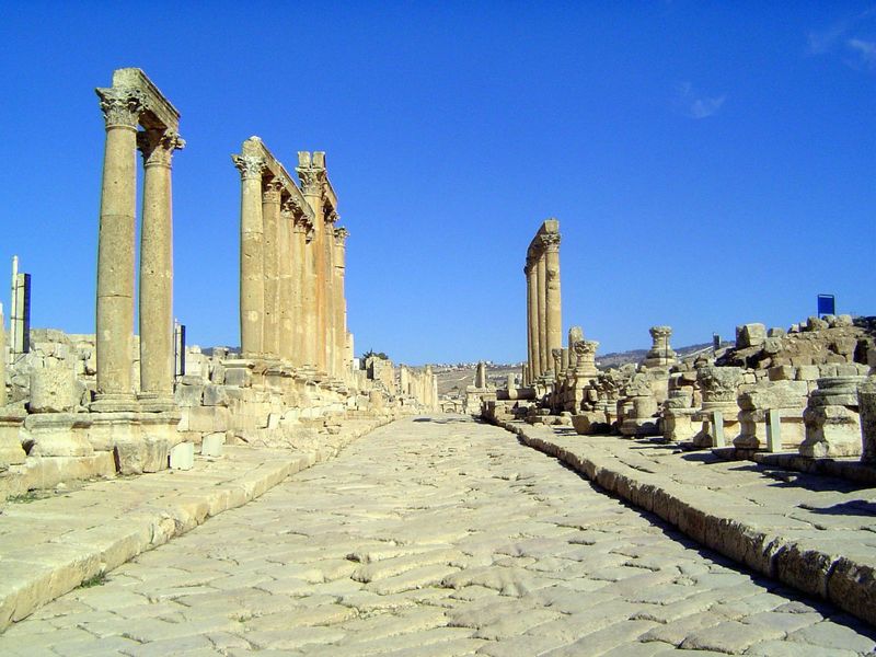 Looking north on the cardo, with its diagonal paving including old ruts.