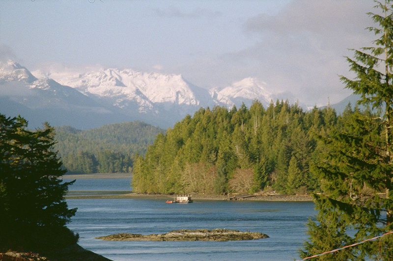 With the mountains of Strathcona Park in the background, the view here is east over Tofino Inlet, which wraps the east side of the peninsula