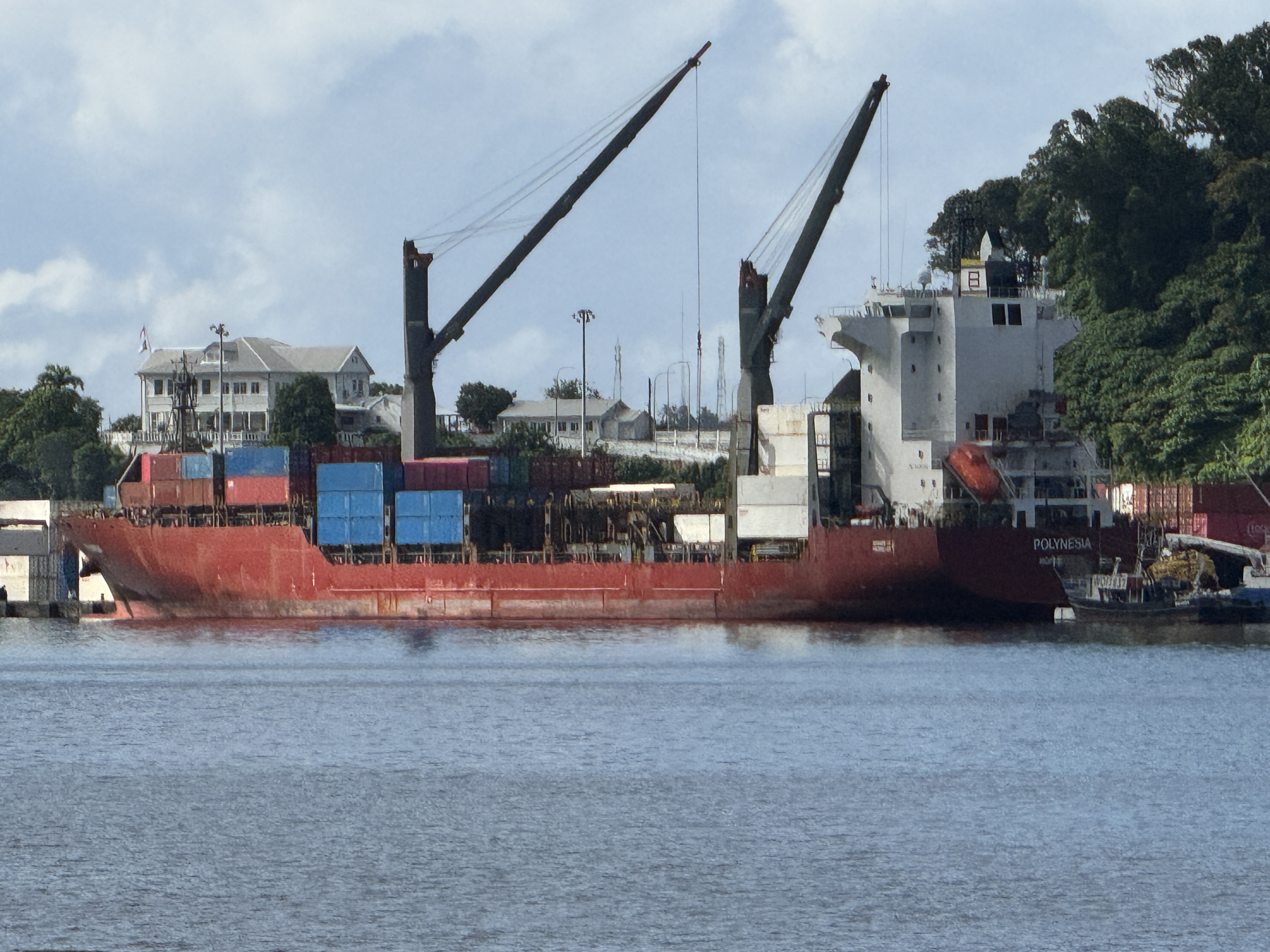 A geared container ship sits below the governor's mansion.