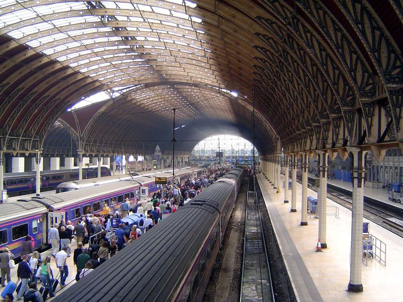 The Paddington shed. The railway opened in 1854 as the London terminus of Isambard Brunel's Great Western Railway. The three wrought-iron ba