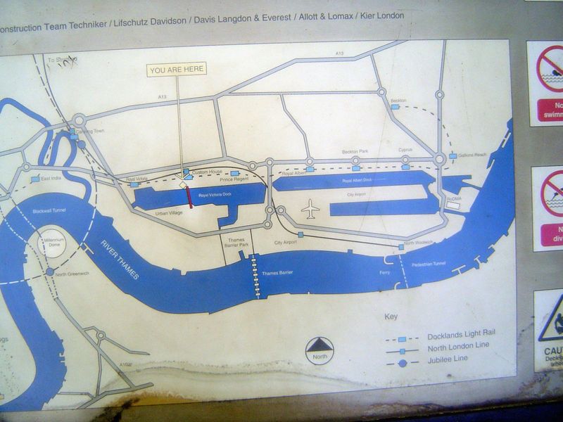 Here's the answer in map view. The East India dock can just be discerned west of the mouth of the Lea and across from the dome. The replacem