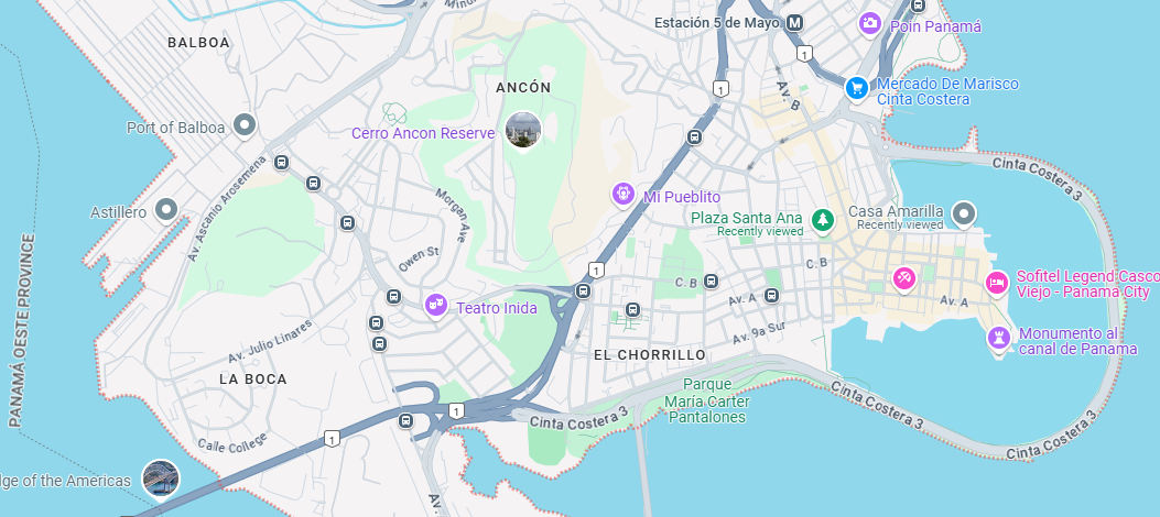 The station is at the upper right, now marked by the city's metro system, which opened in 2014.  The Panama Canal had opened exactly 100 yea