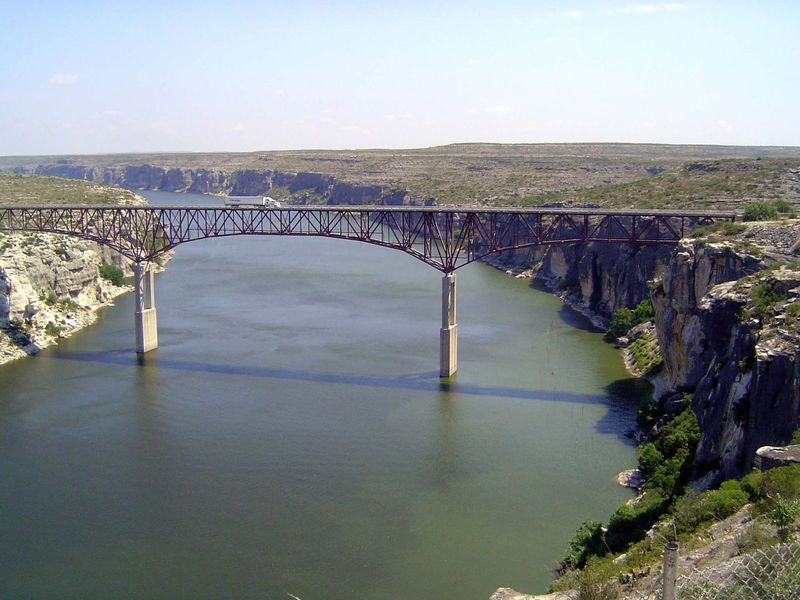 Now, U.S. 90 crosses the Pecos on this high bridge, just upstream. Another bridge, about four miles farther upstream, brings railroad traffi