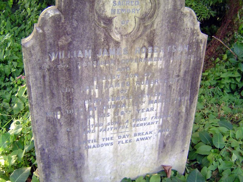 William James Robertson, of the Zanzibar Government service and eldest son of the late James Robertson of Mount Temple, Ceylon, who died at 