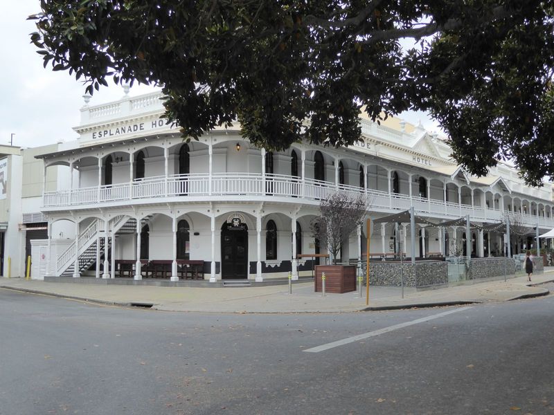Across the street and facing the beach, this is the Esplanade Hotel, built in 1897 during the gold rush and replacing a warehouse built on t