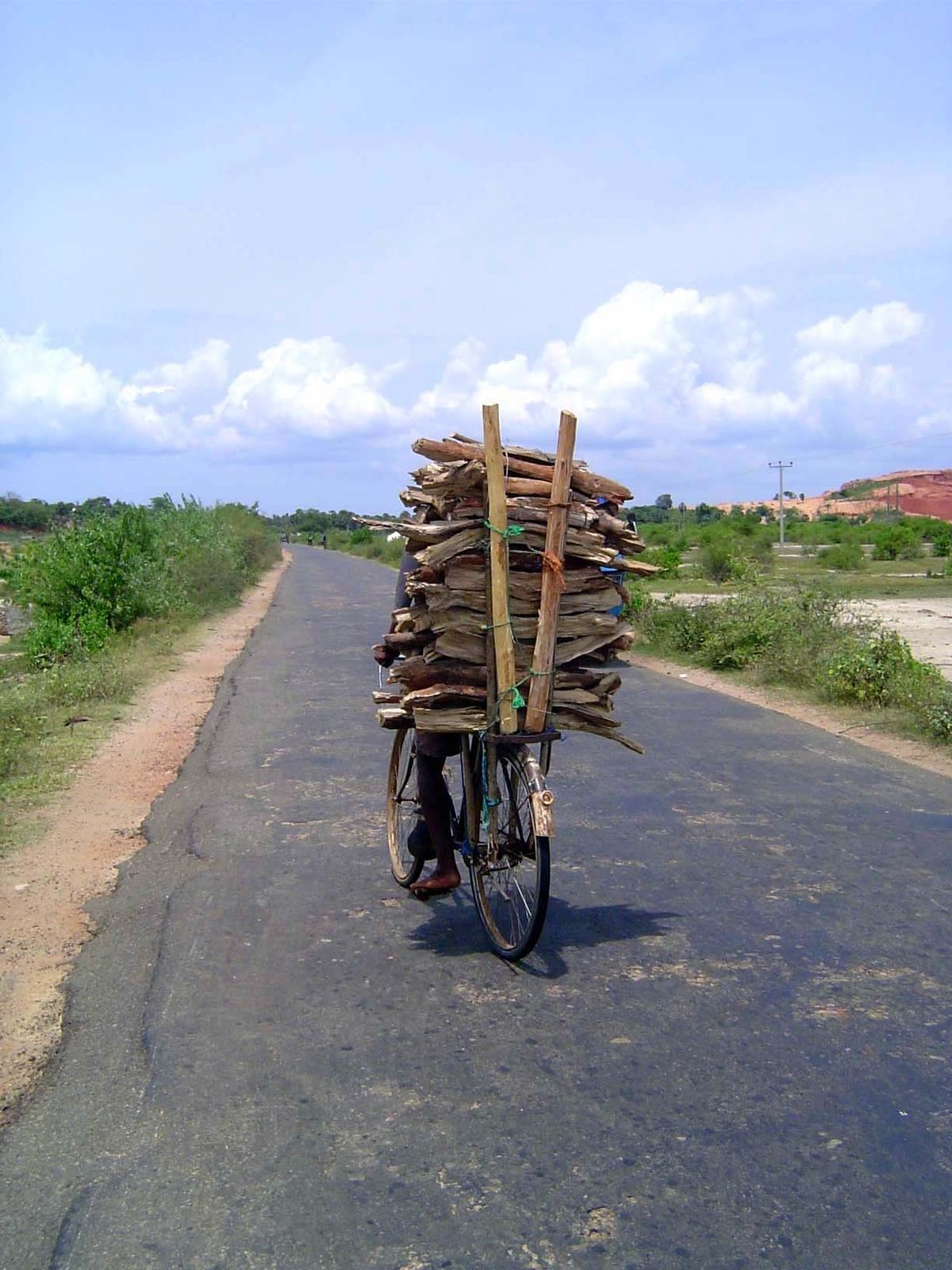The road in from the north, with fuelwood delivery by bicycle.