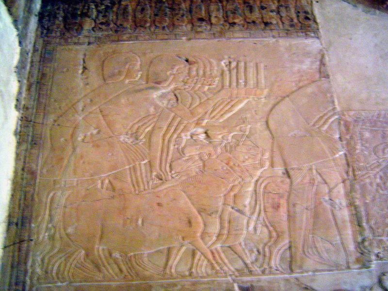 Fat cattle, shown so small that they hardly rise to the knee. The herders carry papyrus rolls with accounts of the herds.