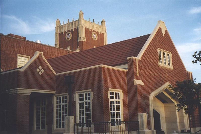 The Clarke-Anderson Room was added in 1998 to the Oklahoma Memorial Union. The new wing tried to fit in with the original building, whose cl