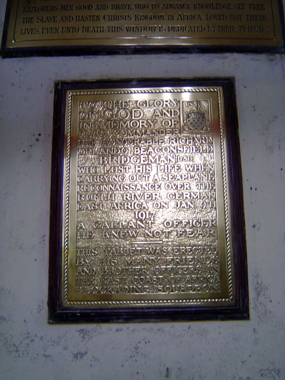 A more dramatic end: "Commander the Honourable Richard Orlando Beaconsfield Bridgement, who lost his life when carrying out a seaplane recon