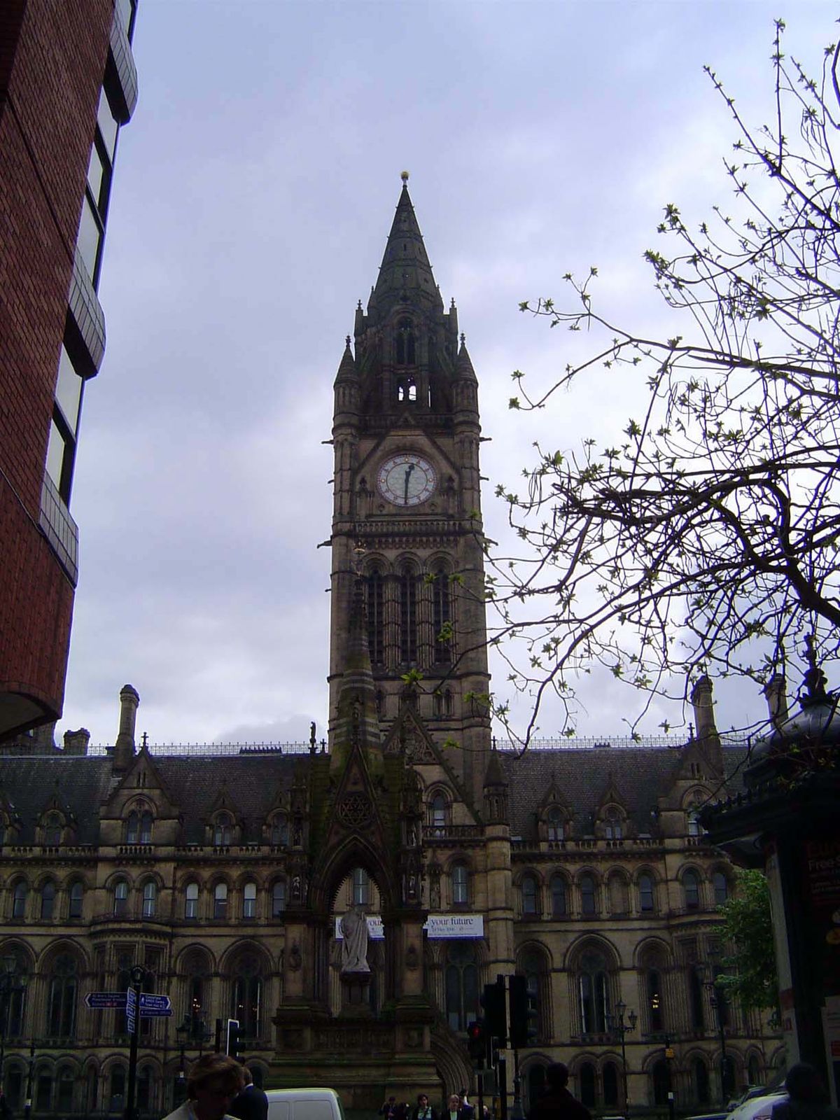 The front side of the town hall, 1868-77, designed by Alfred Waterhouse in what has been called Wagnerian Gothic.