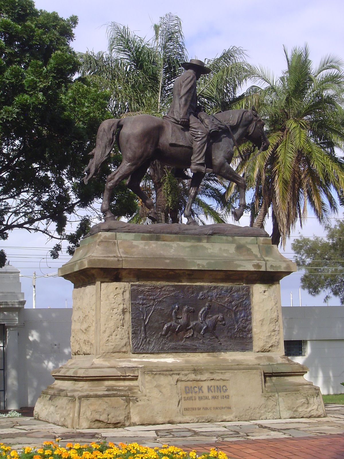 A monument from 1915 shows Dick King making his famous ride 600 miles in 10 days to secure help for the besieged city.
