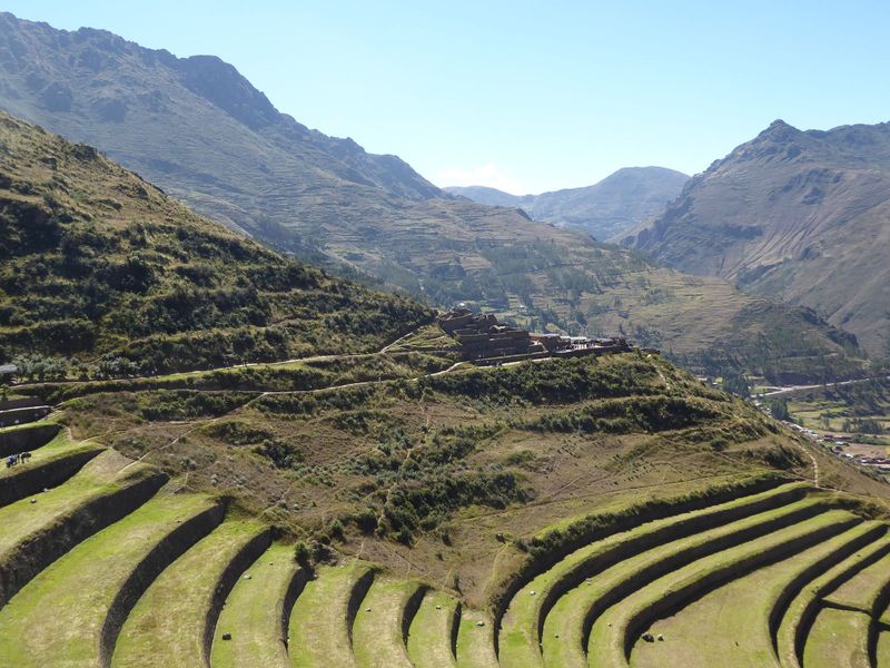 Here we are at the top of the terrace set and looking up the Chongo Valley and back across the terraces to Qantu Rachay, maybe barracks or a