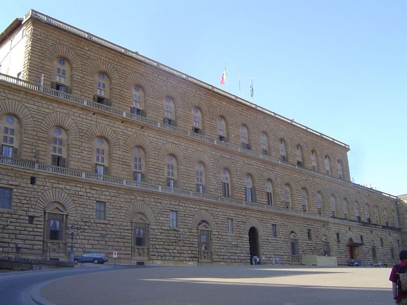 Brunelleschi's Pitti Palace, which began life as a cube at the center of the three-story block. Vasari says that even that original plan was