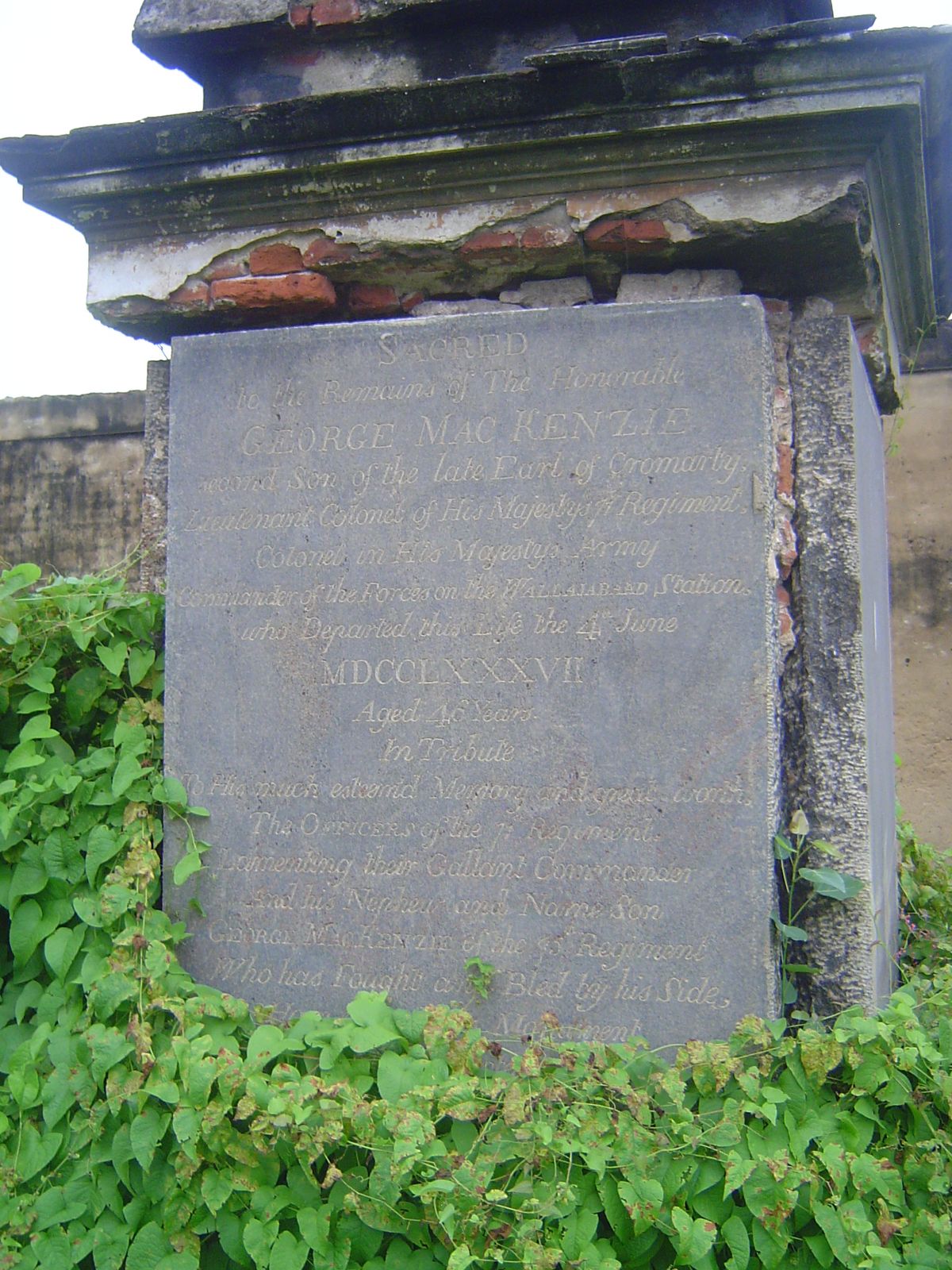 The regular cemetery has plenty of military burials, too. Here: Colonel MacKenzie, commanding the forces at Wallajabad Station, dead at 46. 