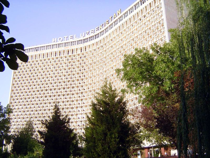 The Uzbekistan Hotel, designed by L. Yershova and others and opened in 1974. This side looks over a circular park with an equestrian statue 