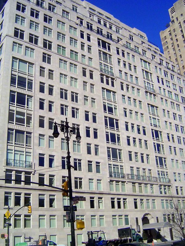 Just to the north and much less obtrusive, Robert A.M. Stern's 15 Central Park West stands on part of the site of the former Mayflower Hotel