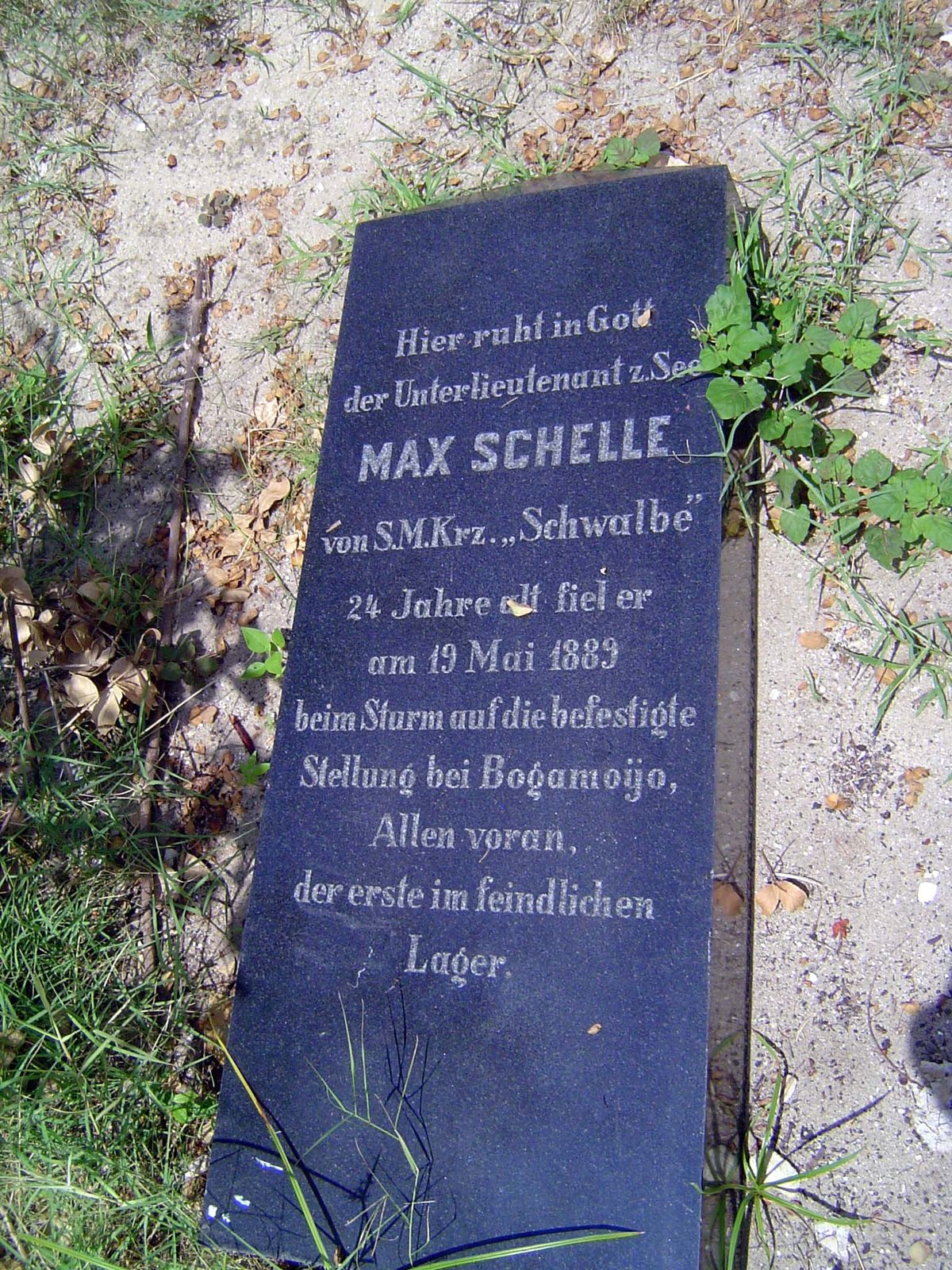 More elaborate: "Here rests in God Second Lieutenant Max Schelle of the S.M. Cruiser Schwalbe. Fell on 19 May 1889 at age 24 while storming 