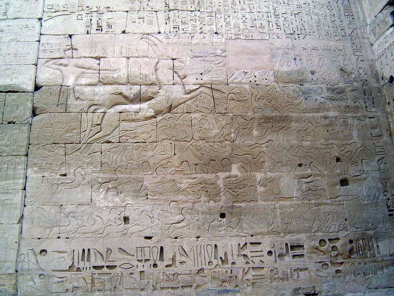 Here, on the back of the first pylon, the king in his chariot drives through battlefield chaos.