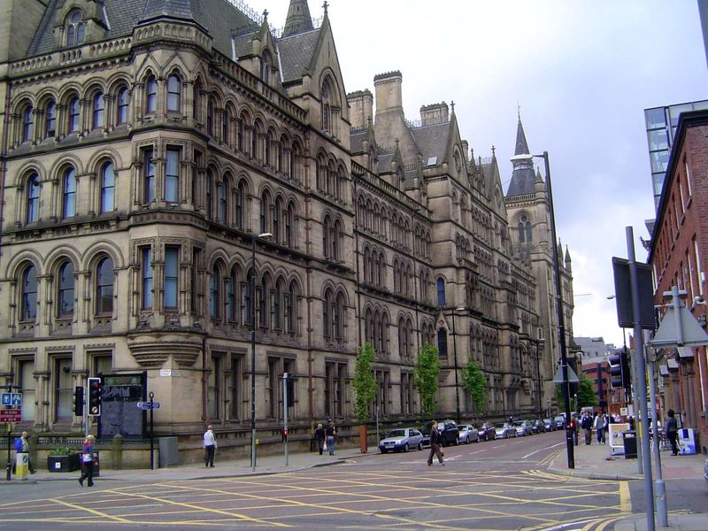 The equally massive town hall, seen here from the back of its unusual, triangular plan.