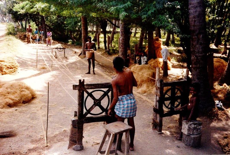 A British introduction? Probably. A rope-making machine in Tamil Nadu twists coconut fiber into rope; the women in the background feed mater